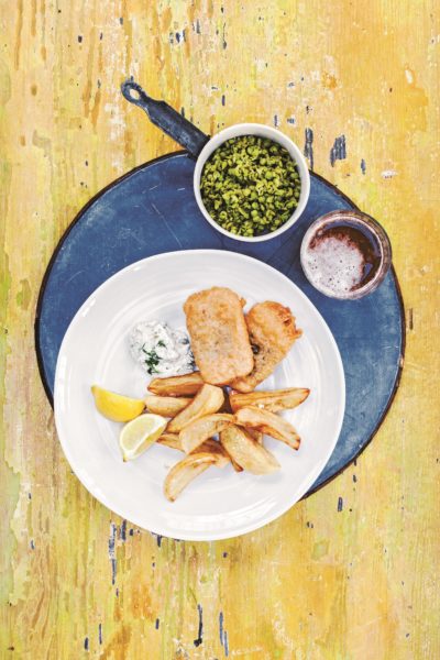 Beer batter tofu fish with chips, peas and tartar