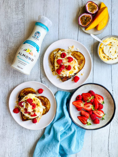 Raspberry, Vanilla, Coconut and Passionfruit Pancakes