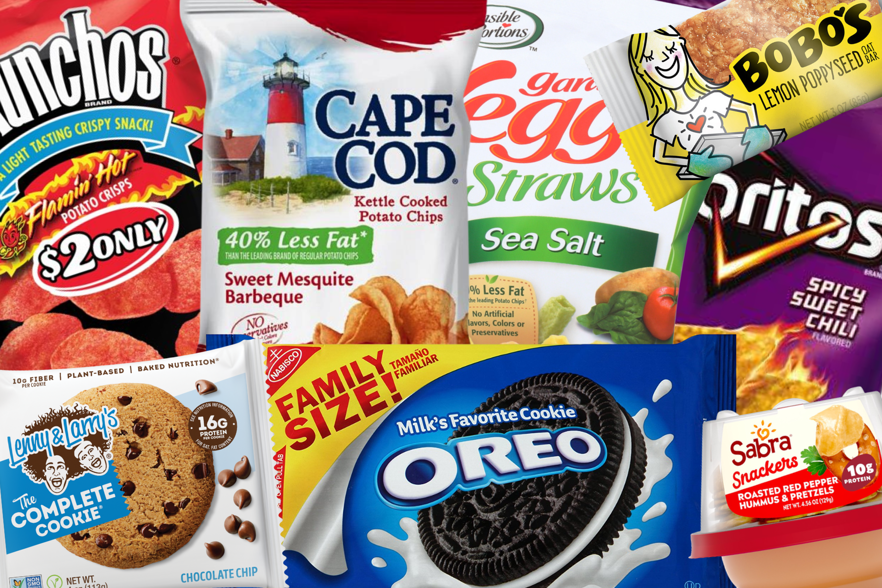 Vegan gas station tips image shows vegan snacks including Bobo's oat bar, Munchos Flamin' Hot Potato Crisps, and Cape Cod Sweet Mesquite Barbeque Chips