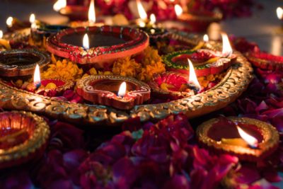 colourful clay lamps with flowers